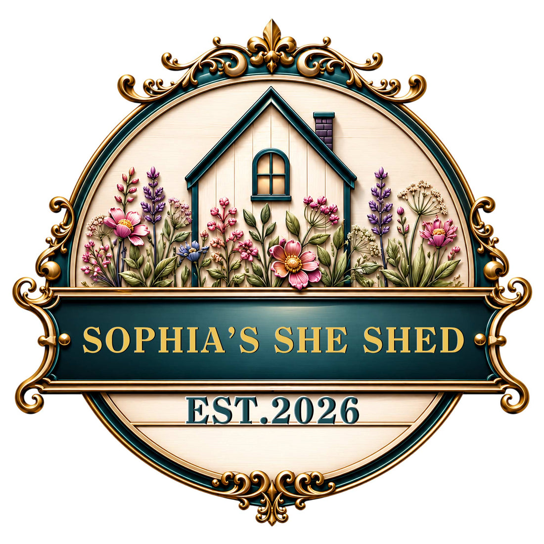 Ornate custom She Shed metal sign featuring a cottage surrounded by colorful flowers