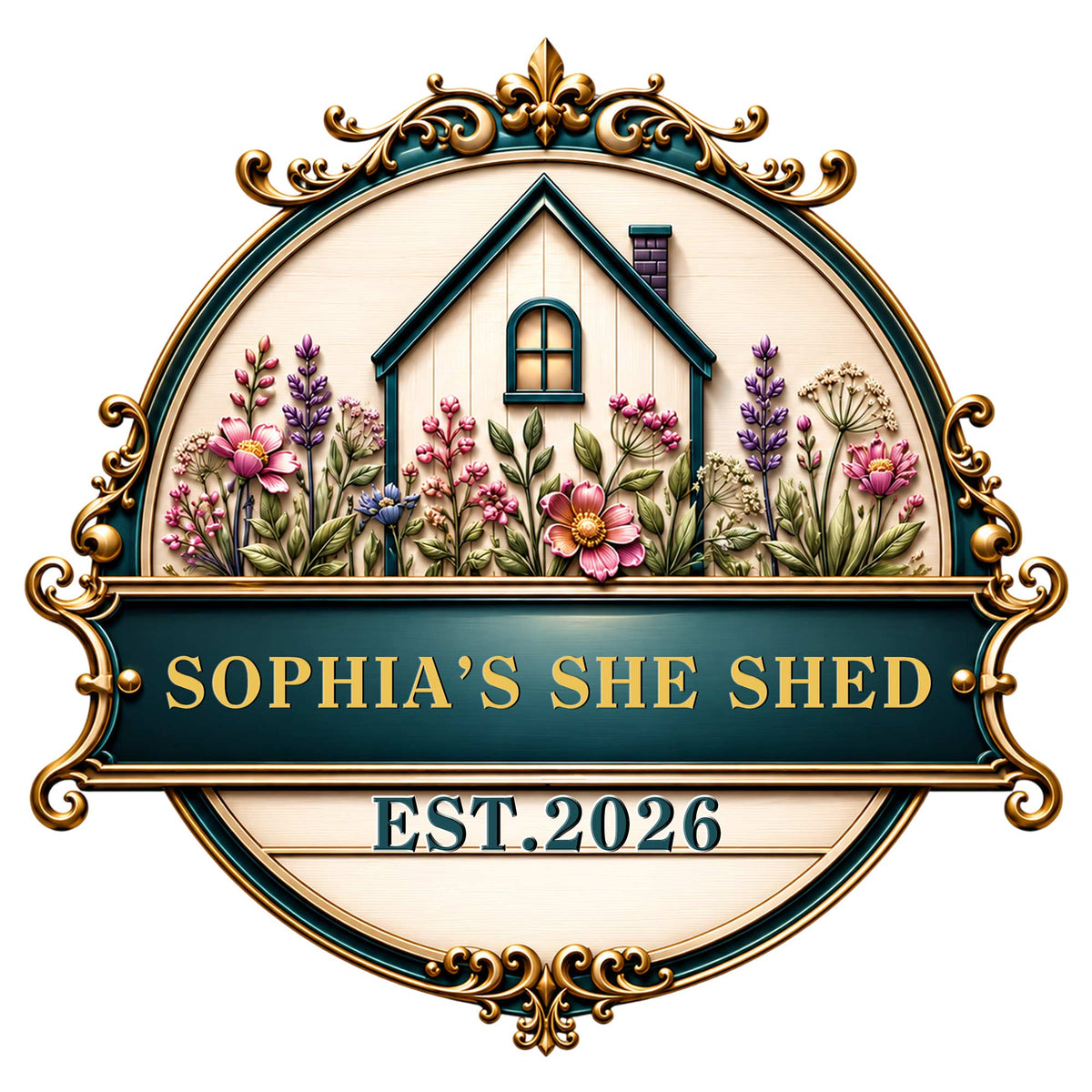 Ornate custom She Shed metal sign featuring a cottage surrounded by colorful flowers