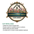 She Shed metal sign feature graphic with floral cottage artwork and cut metal sign details