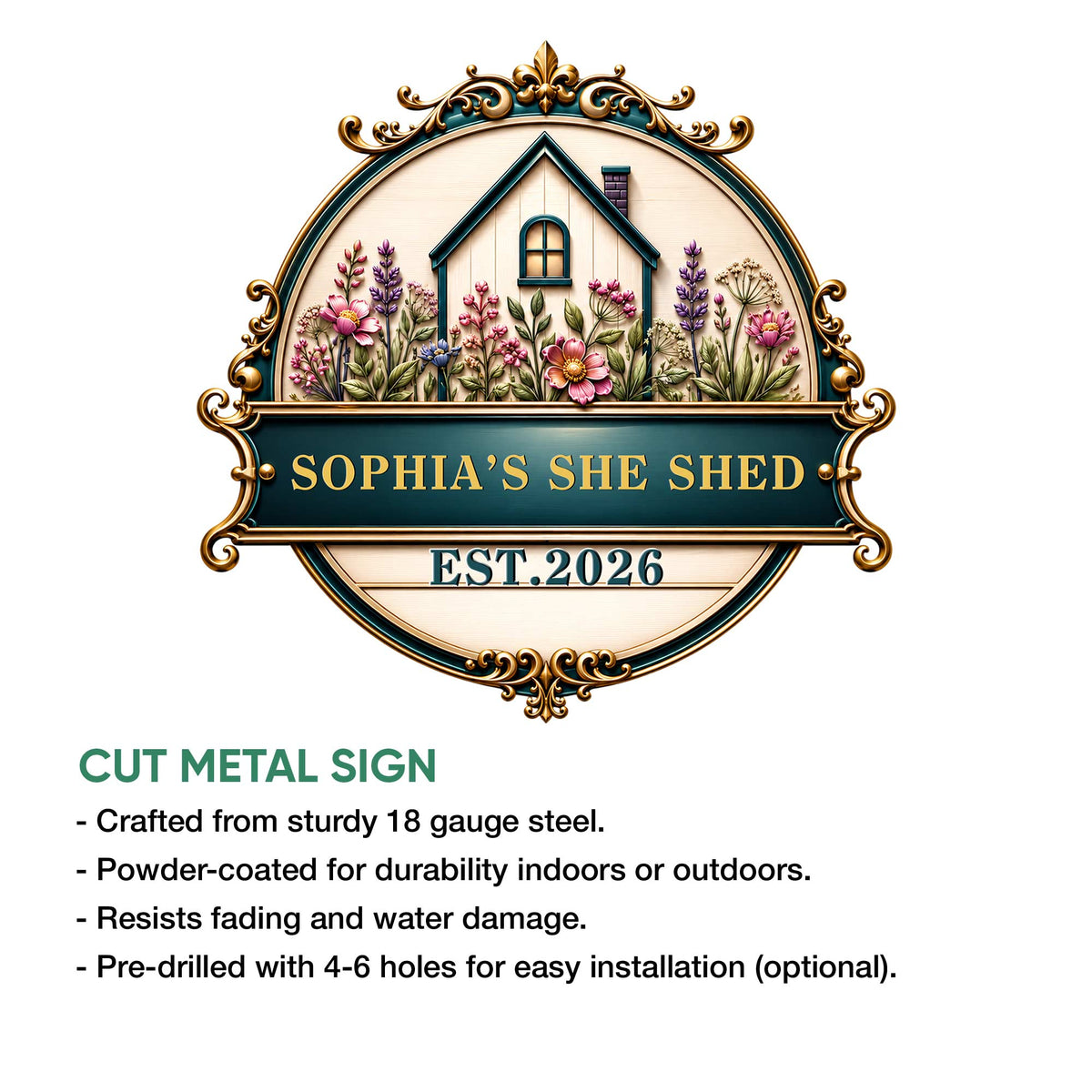 She Shed metal sign feature graphic with floral cottage artwork and cut metal sign details