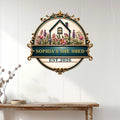 Floral She Shed wall sign displayed on a bright interior wall above a console table