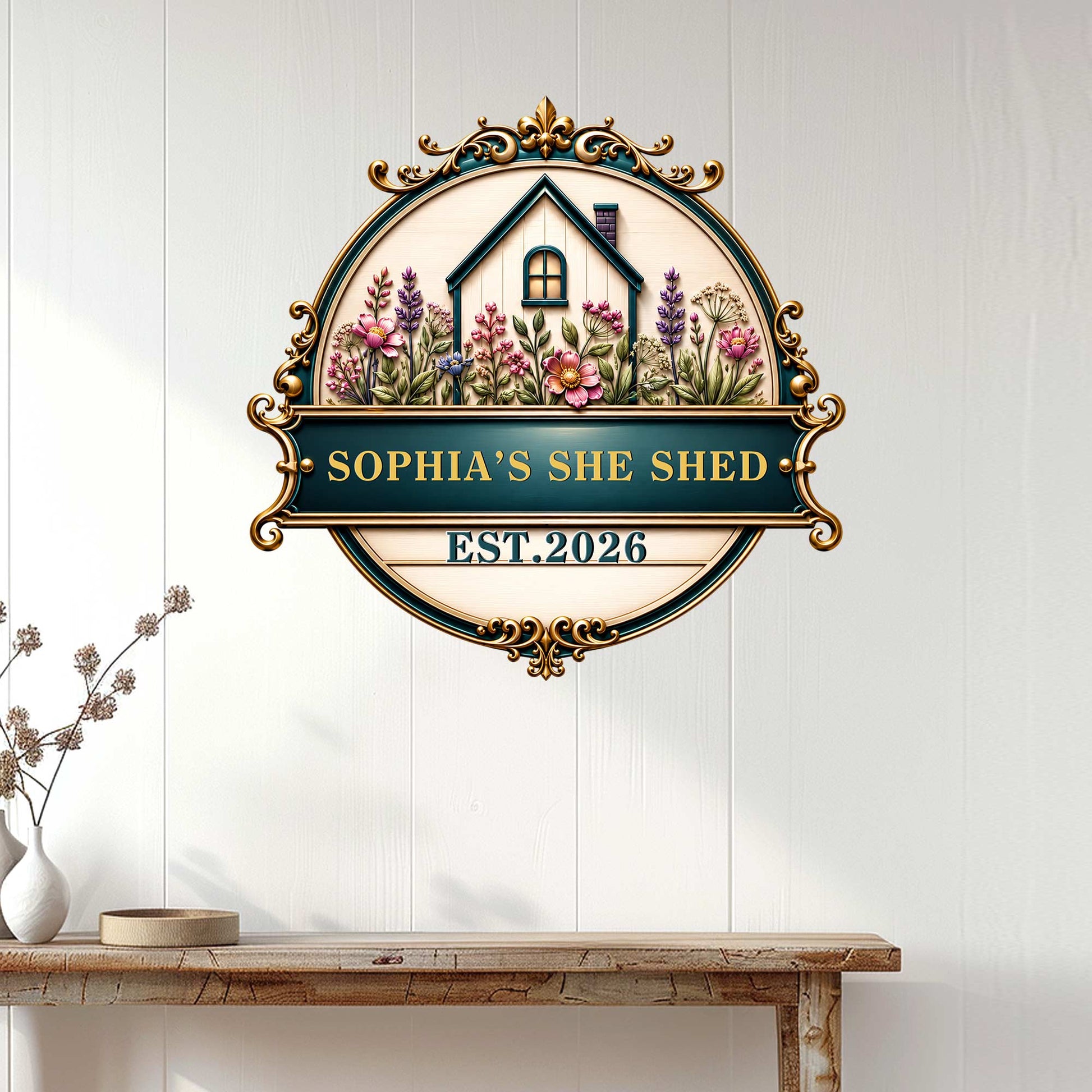 Floral She Shed wall sign displayed on a bright interior wall above a console table