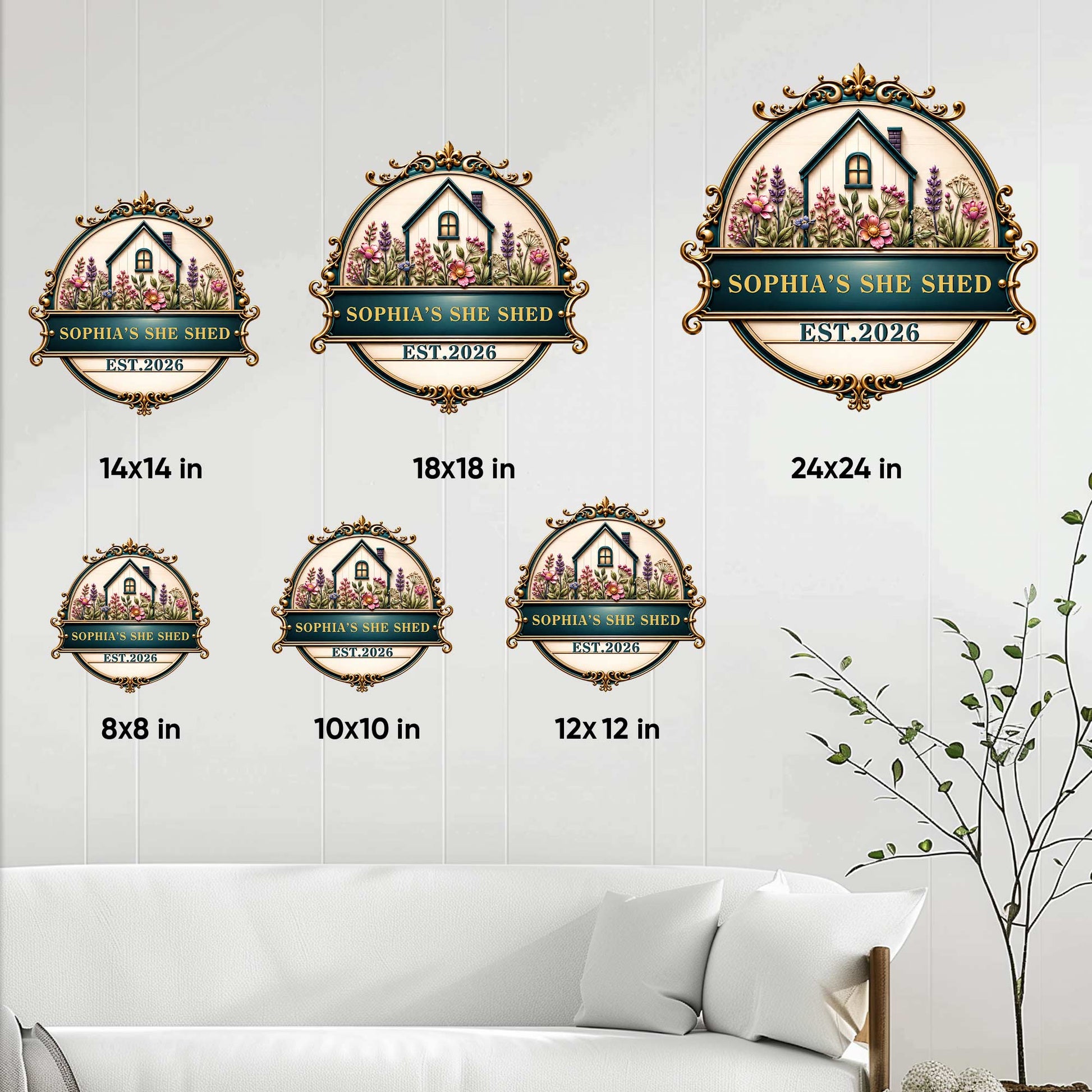 She Shed metal sign size guide showing several square size options in a home setting