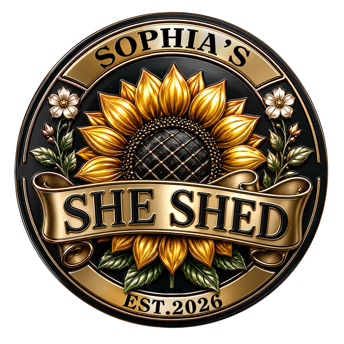 Close-up of a custom She Shed metal sign with a golden sunflower, botanical accents, and ornate banner