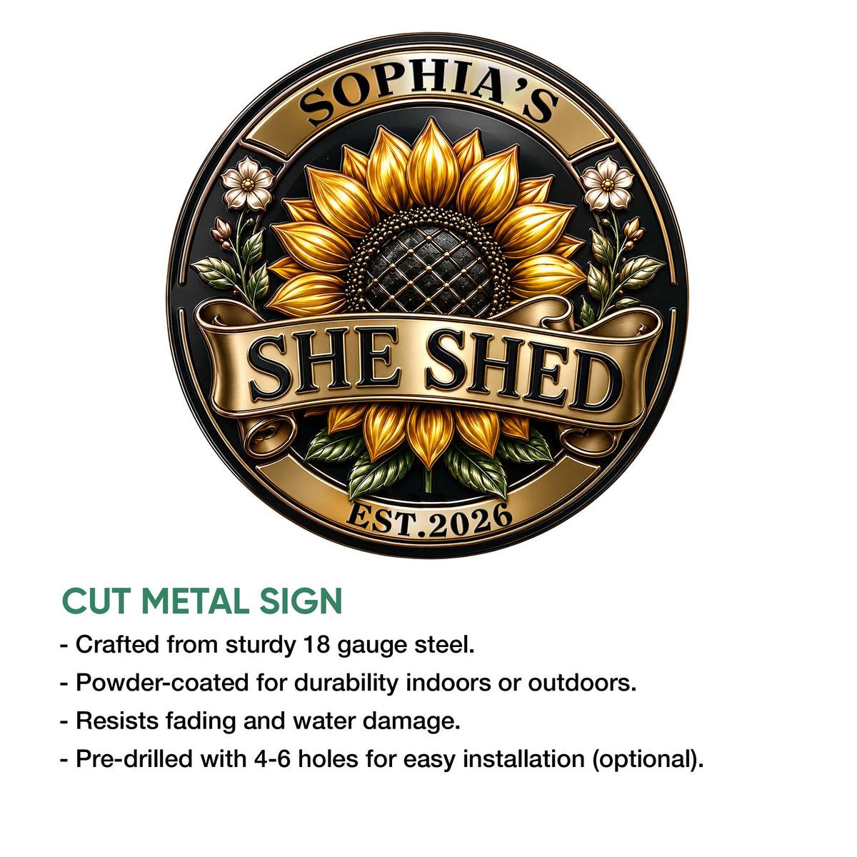 She Shed sunflower metal sign shown with a cut-metal sign feature infographic