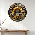 Custom She Shed metal sign displayed on a white paneled wall above a console table