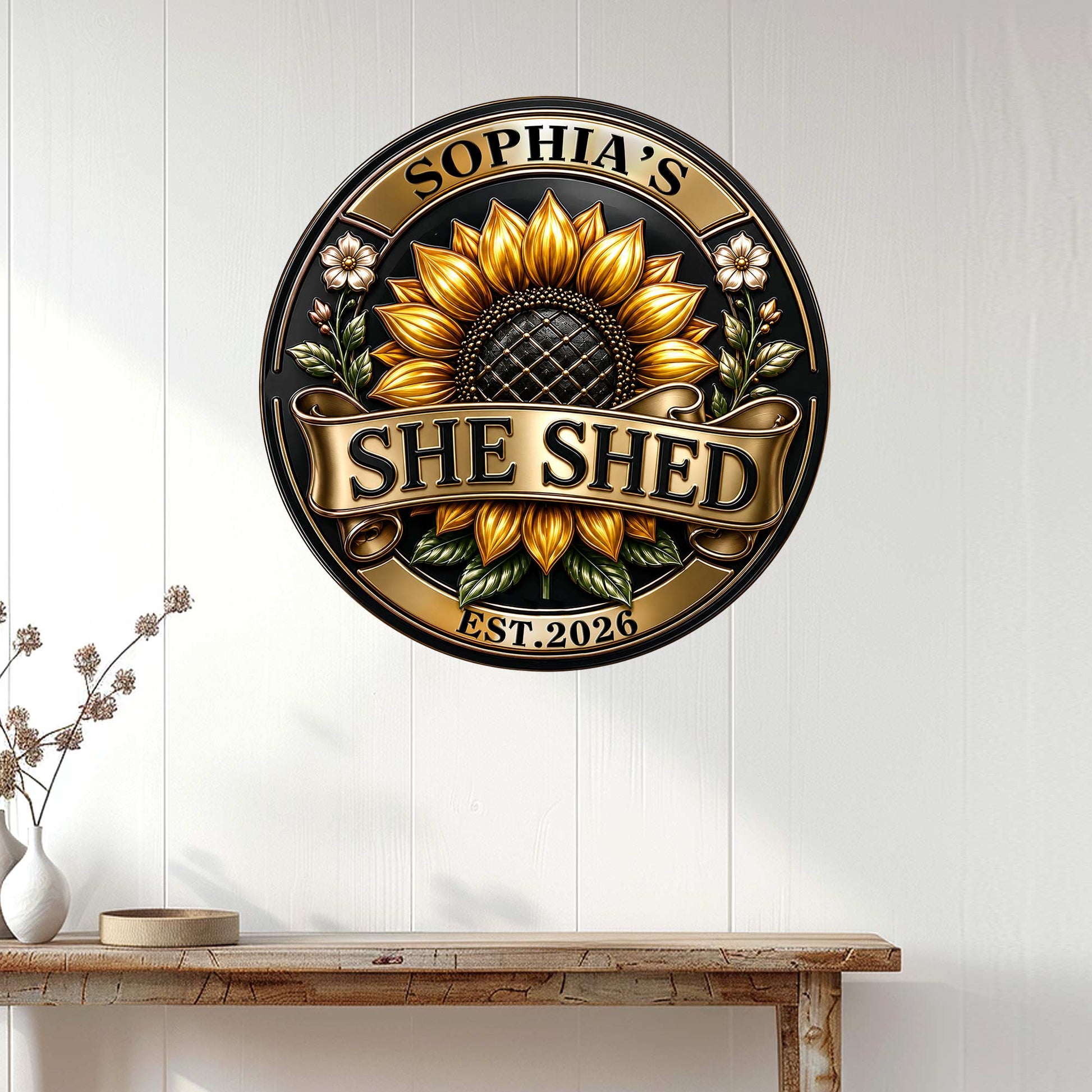 Custom She Shed metal sign displayed on a white paneled wall above a console table