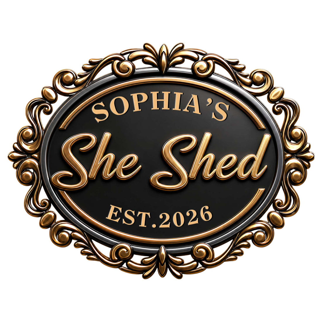 Close-up of an ornate black and gold She Shed metal sign with elegant scrollwork