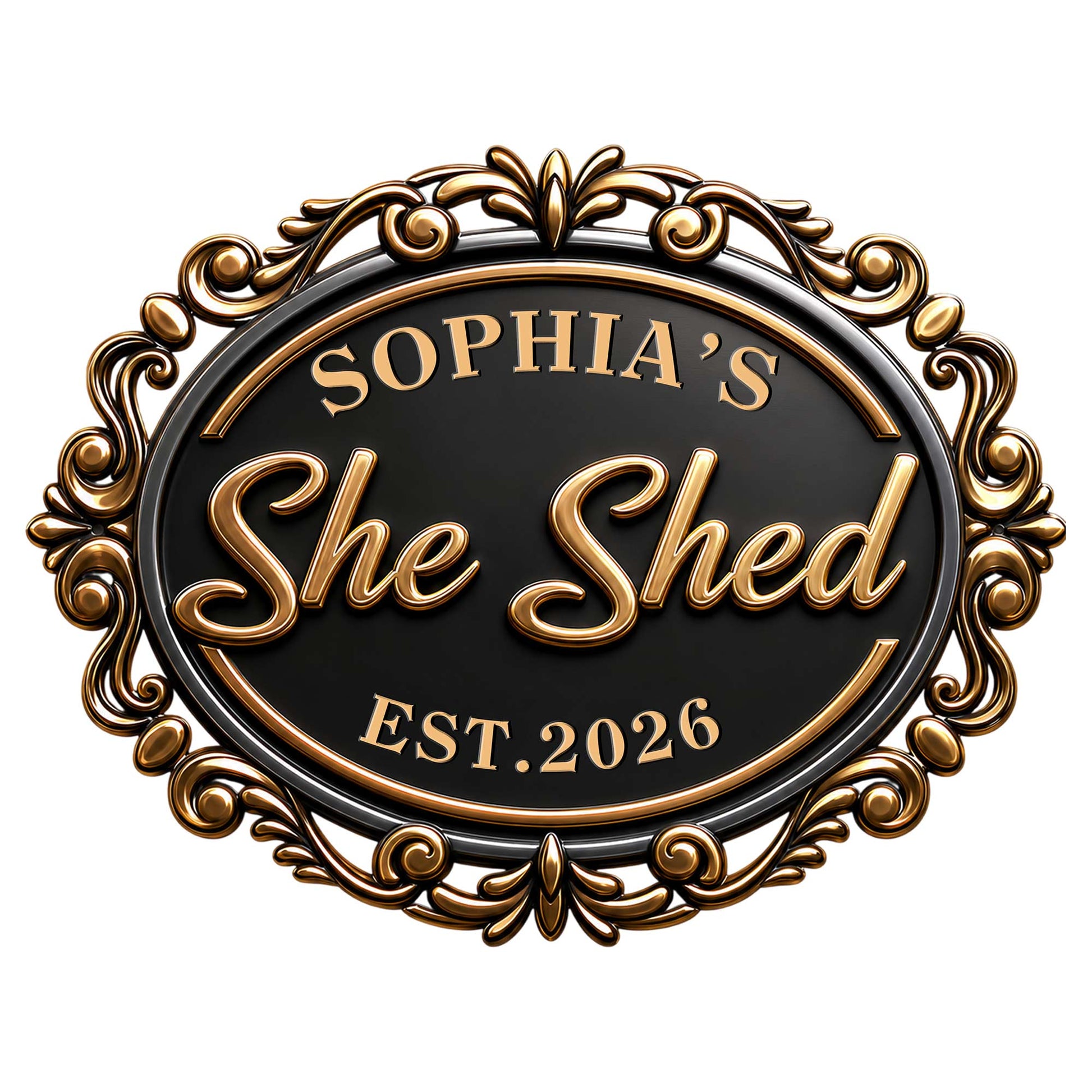 Close-up of an ornate black and gold She Shed metal sign with elegant scrollwork