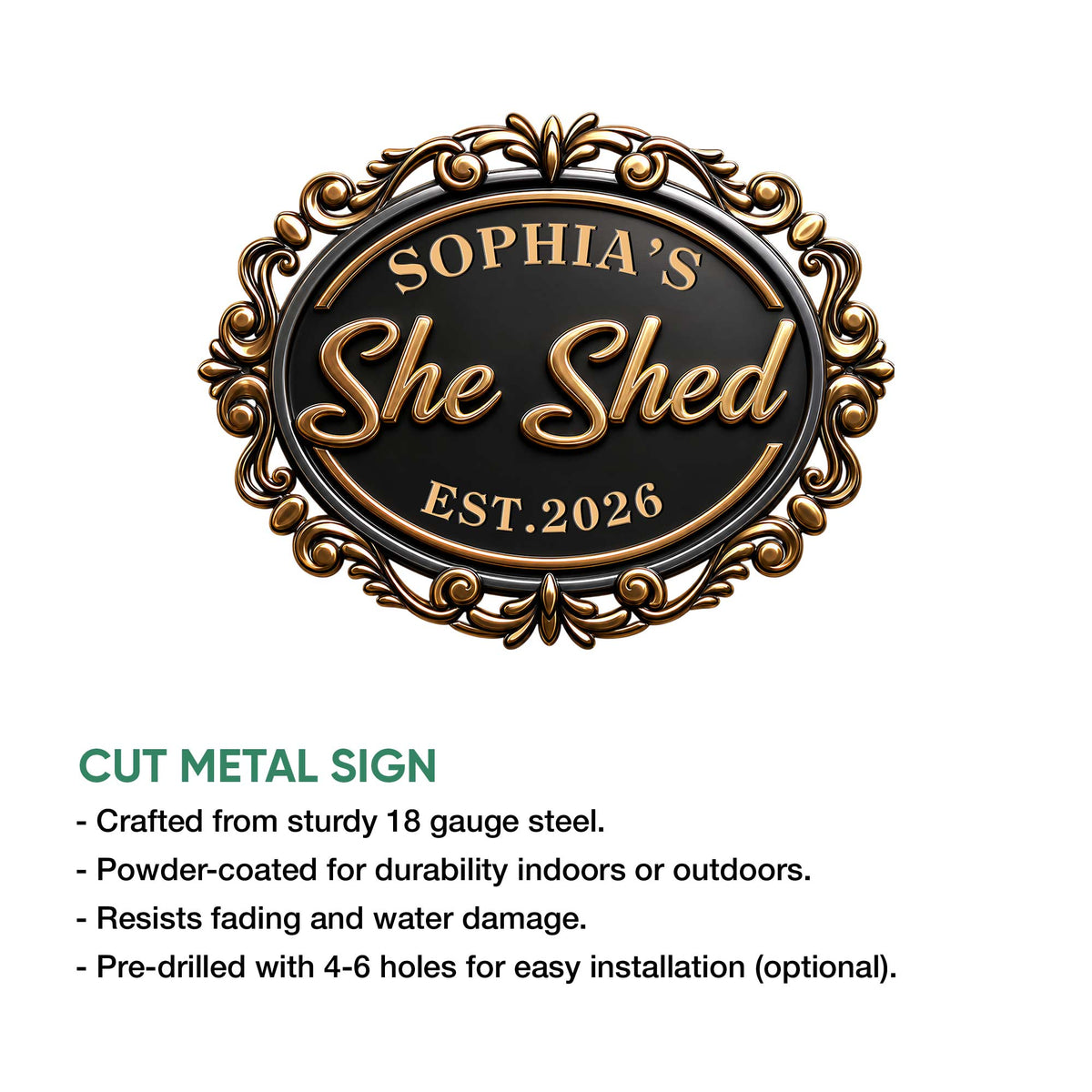 Ornate She Shed metal sign shown in a product feature presentation