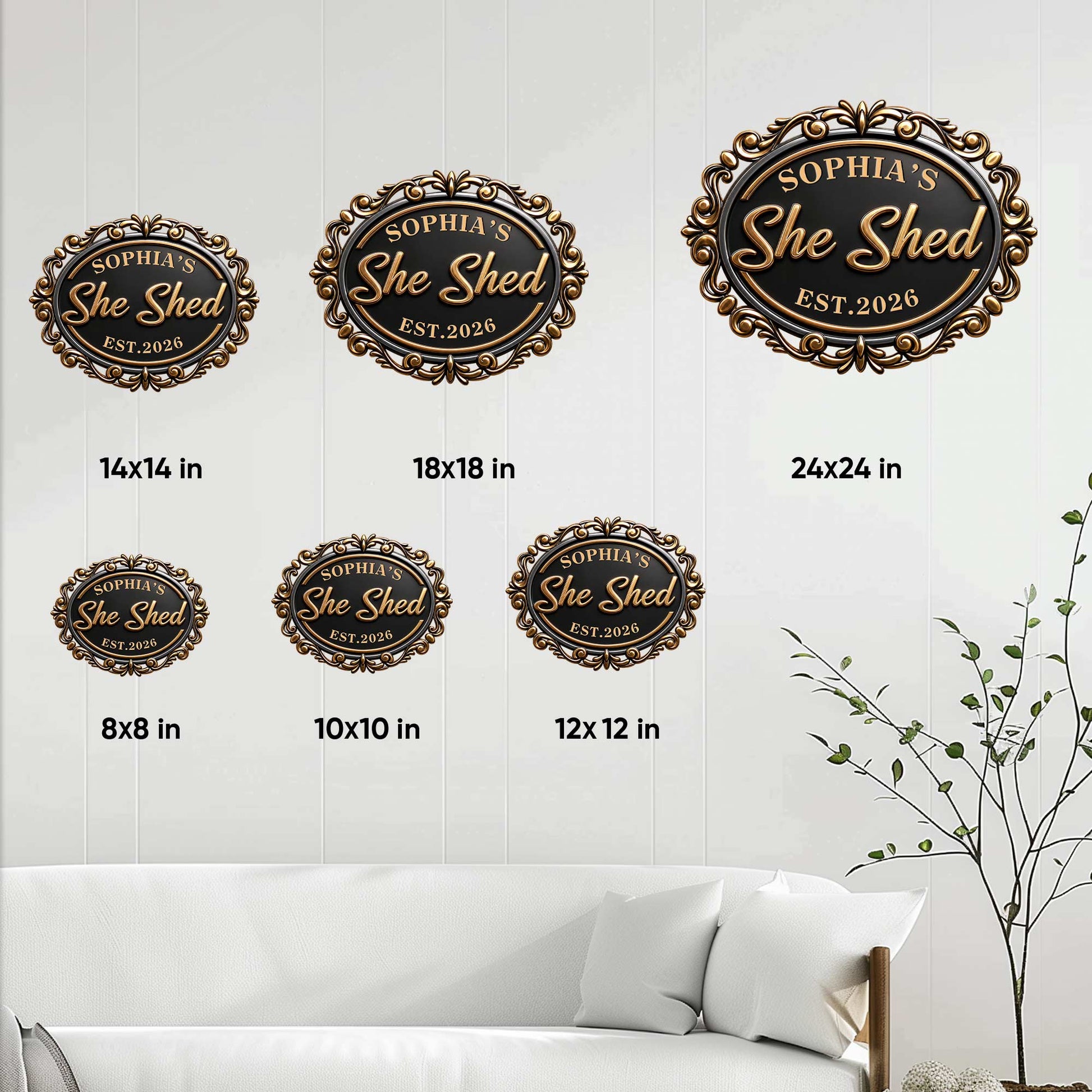 She Shed metal sign size guide showing available square sizes from 8 by 8 to 24 by 24 inches