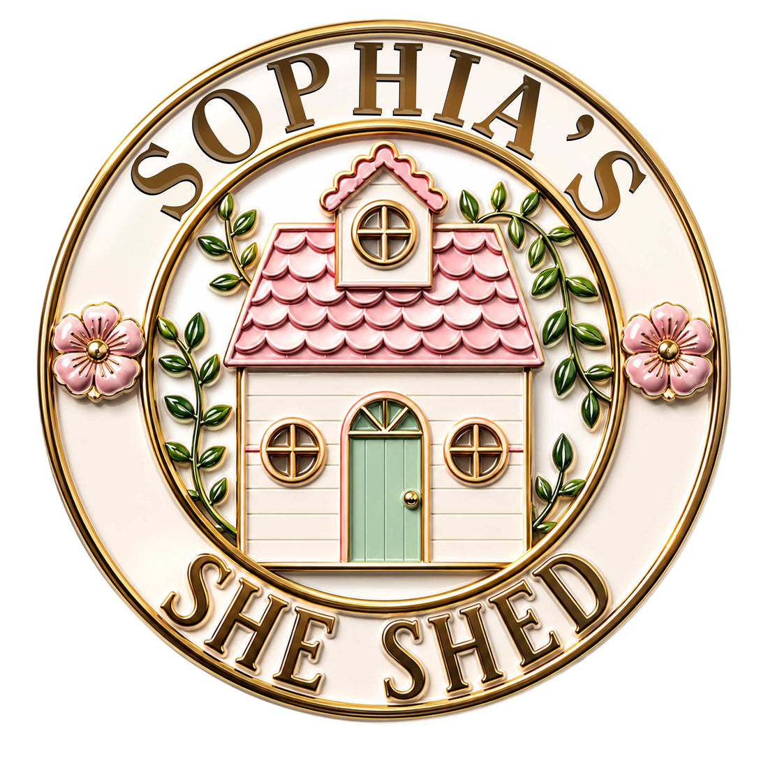 Round She Shed metal sign featuring a charming cottage with a pink roof, flowers, and leafy vines