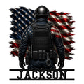 Custom police officer metal sign featuring a tactical law enforcement figure against a distressed American flag