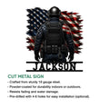 Patriotic police wall sign showing a tactical officer silhouette and American flag artwork in a cut metal design
