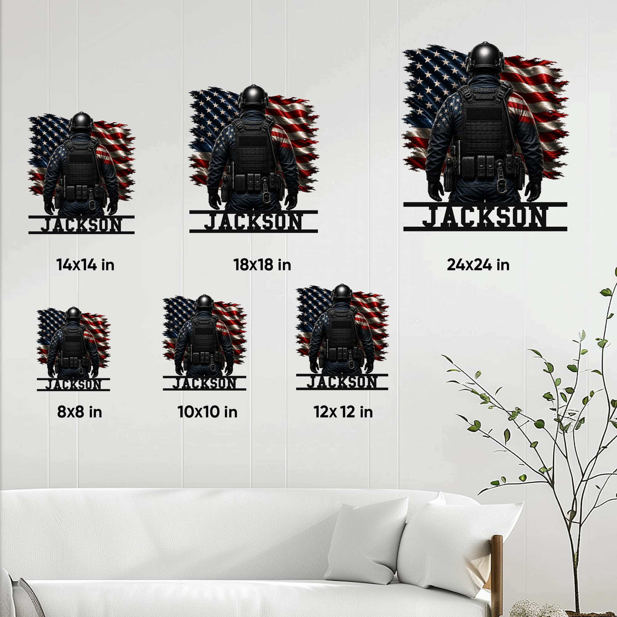 Police officer metal sign size guide showing available square sizes from 8 by 8 to 24 by 24 inches