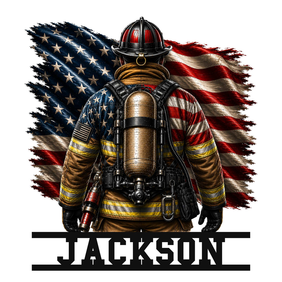 Custom firefighter metal sign featuring a fully equipped firefighter in front of a patriotic American flag