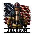 Custom firefighter metal sign featuring a fully equipped firefighter in front of a patriotic American flag