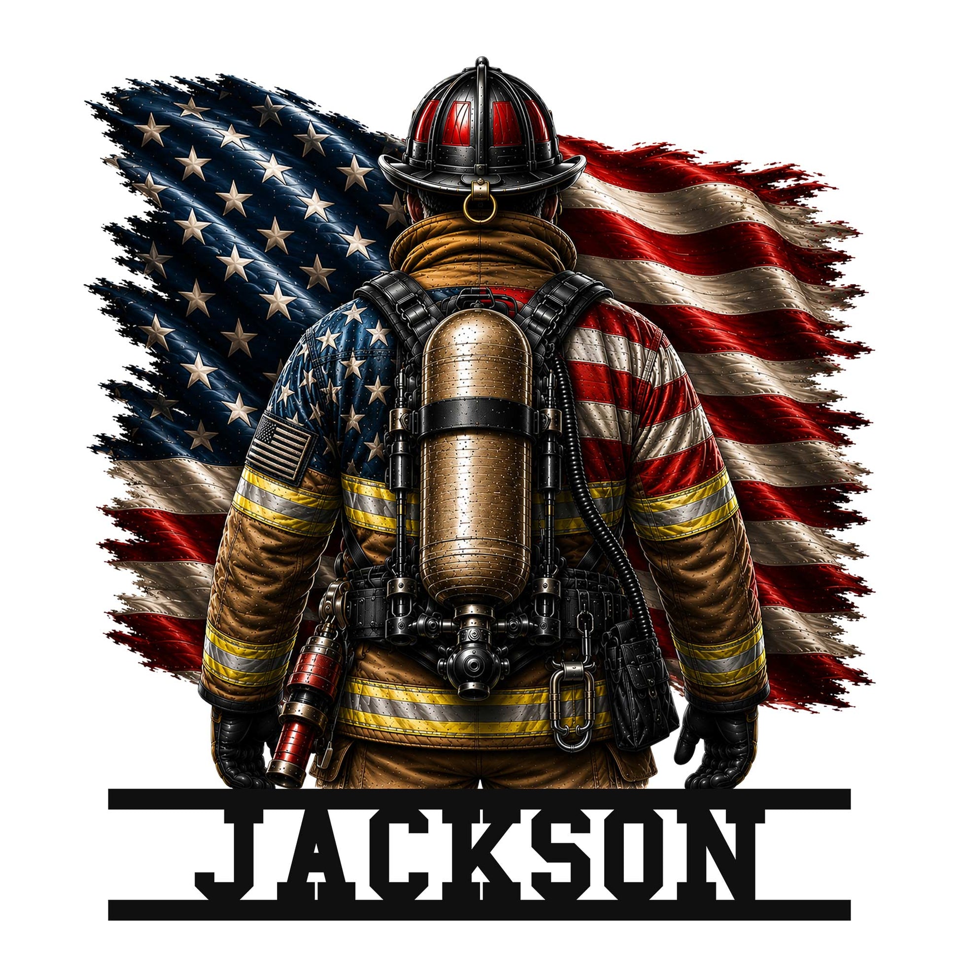Custom firefighter metal sign featuring a fully equipped firefighter in front of a patriotic American flag