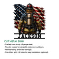 Firefighter metal sign feature overview showing the patriotic artwork and cut metal sign construction