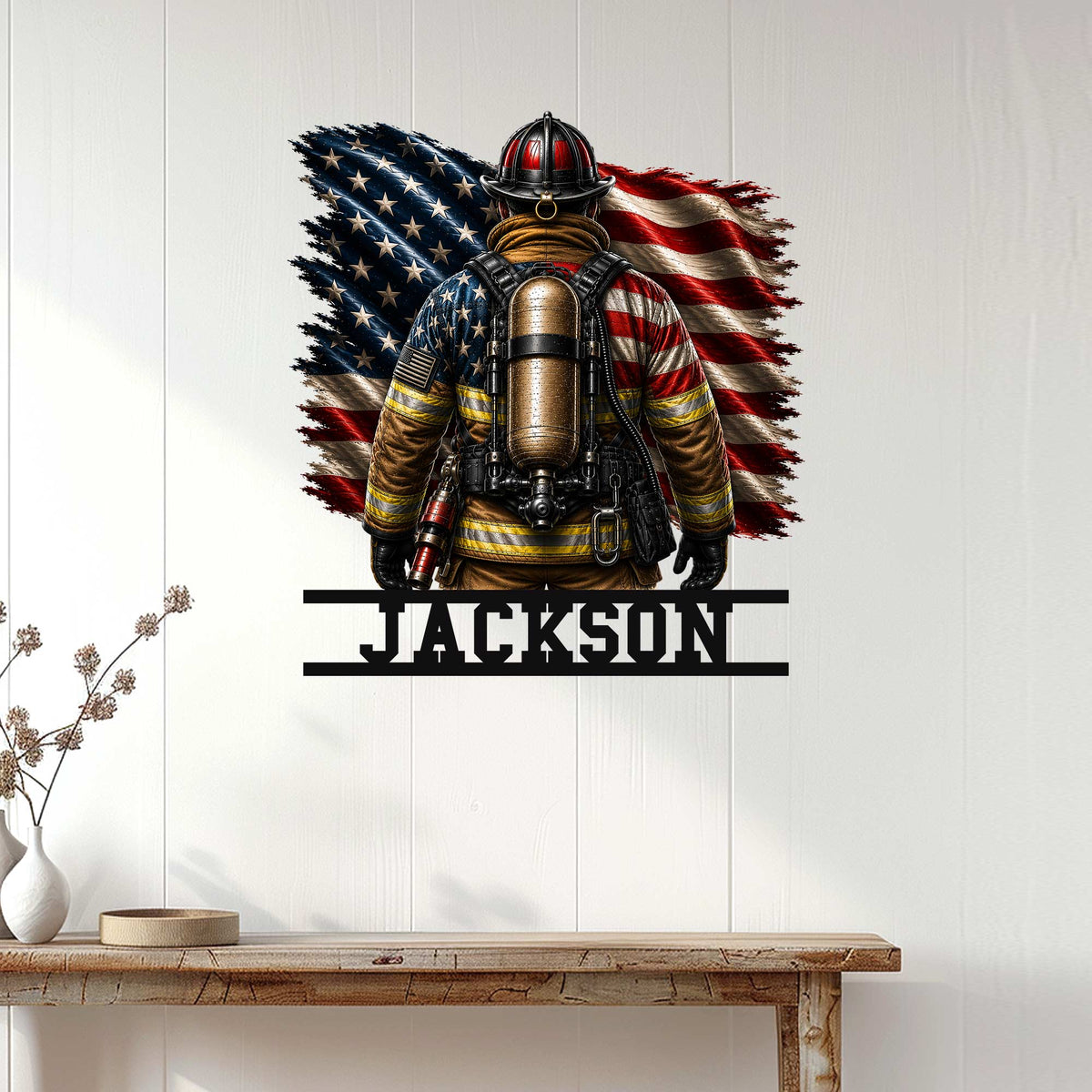 Patriotic firefighter metal wall sign displayed on a white wood-paneled wall in a home entryway