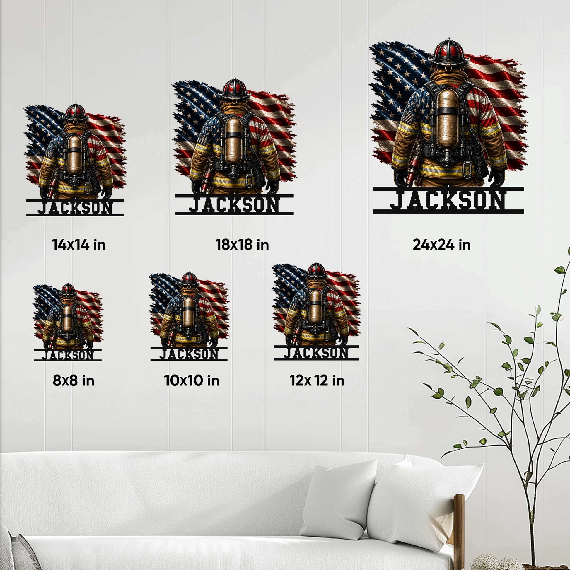 Firefighter metal sign size guide showing six available square size options in a living room setting