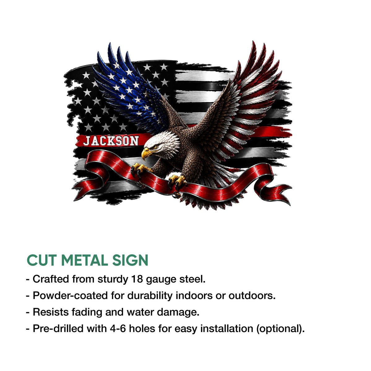 Firefighter metal sign featuring a patriotic bald eagle design, distressed flag background, and cut-metal sign presentation