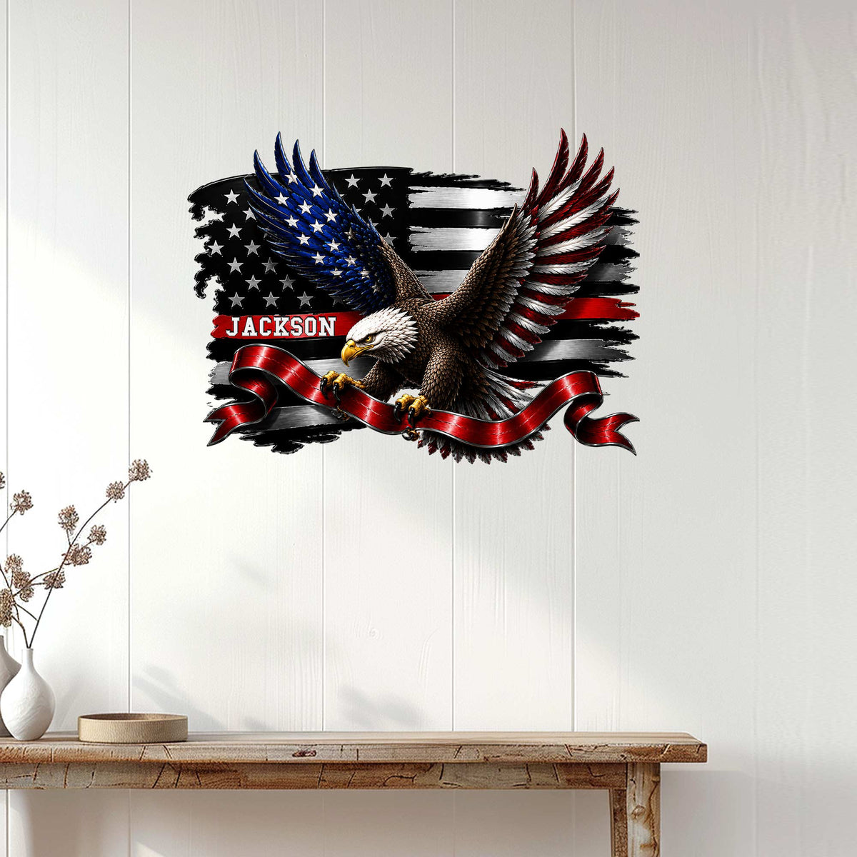 Patriotic firefighter wall decor displayed on a white paneled wall above a console table