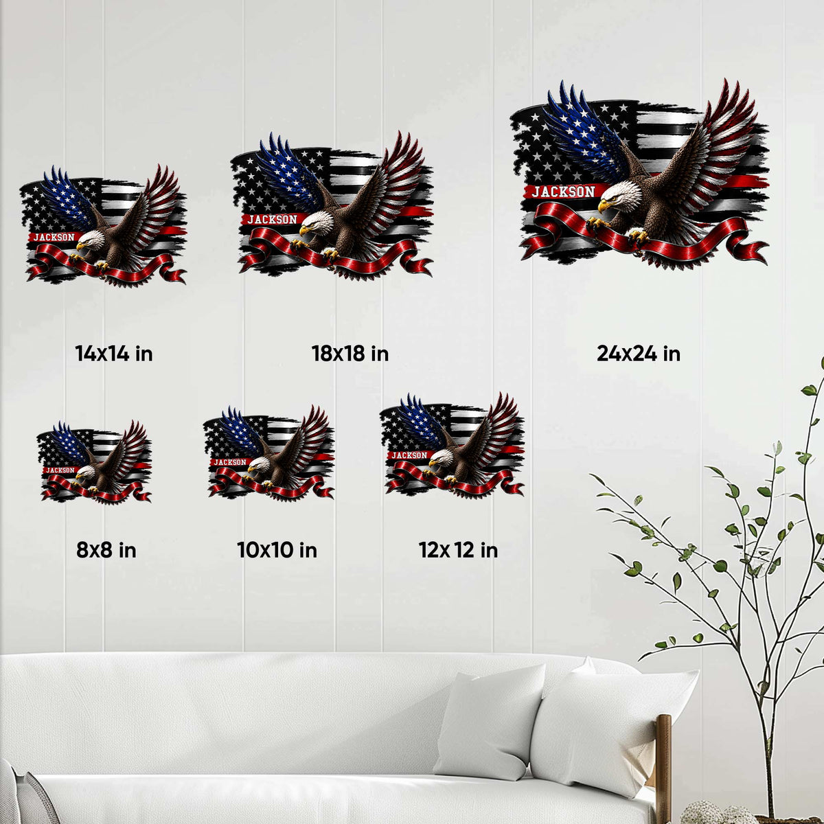 Firefighter metal sign size guide showing available square dimensions from 8 by 8 to 24 by 24 inches