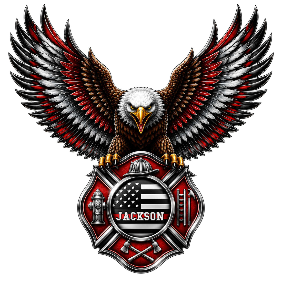 Custom firefighter metal sign featuring a bald eagle above a Maltese cross with fire service symbols