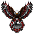 Custom firefighter metal sign featuring a bald eagle above a Maltese cross with fire service symbols