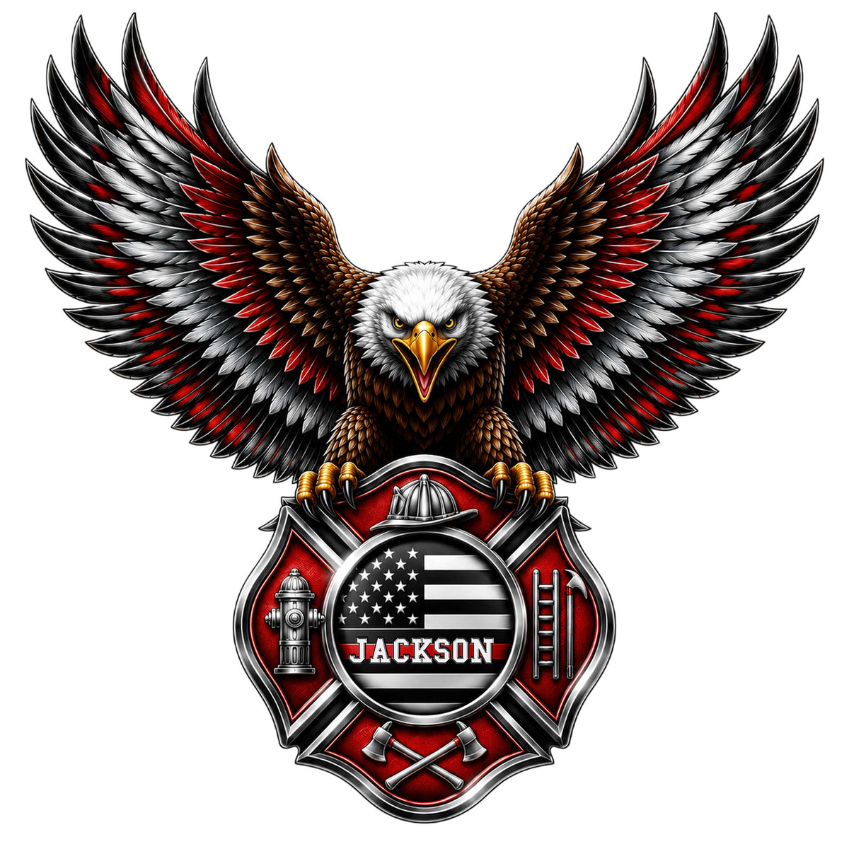 Custom firefighter metal sign featuring a bald eagle above a Maltese cross with fire service symbols