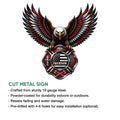 Firefighter metal sign product graphic showing a bald eagle emblem and detailed fire service design