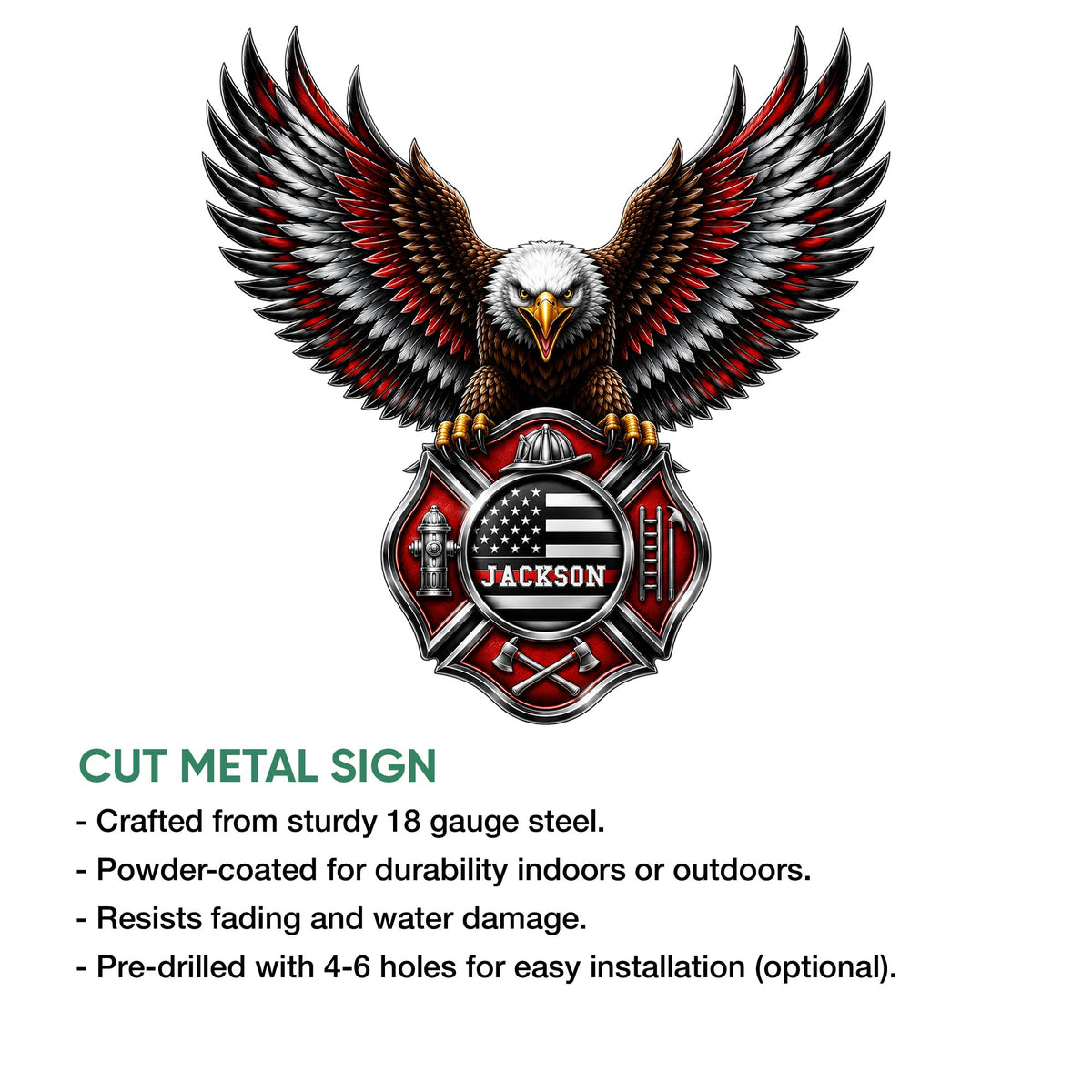 Firefighter metal sign product graphic showing a bald eagle emblem and detailed fire service design
