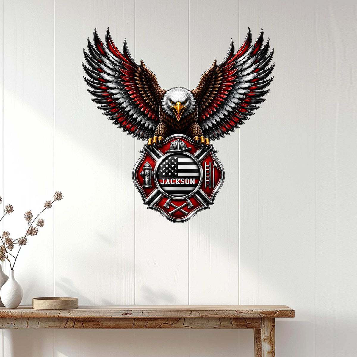 Firefighter wall sign displayed on a white paneled wall above a wooden console table