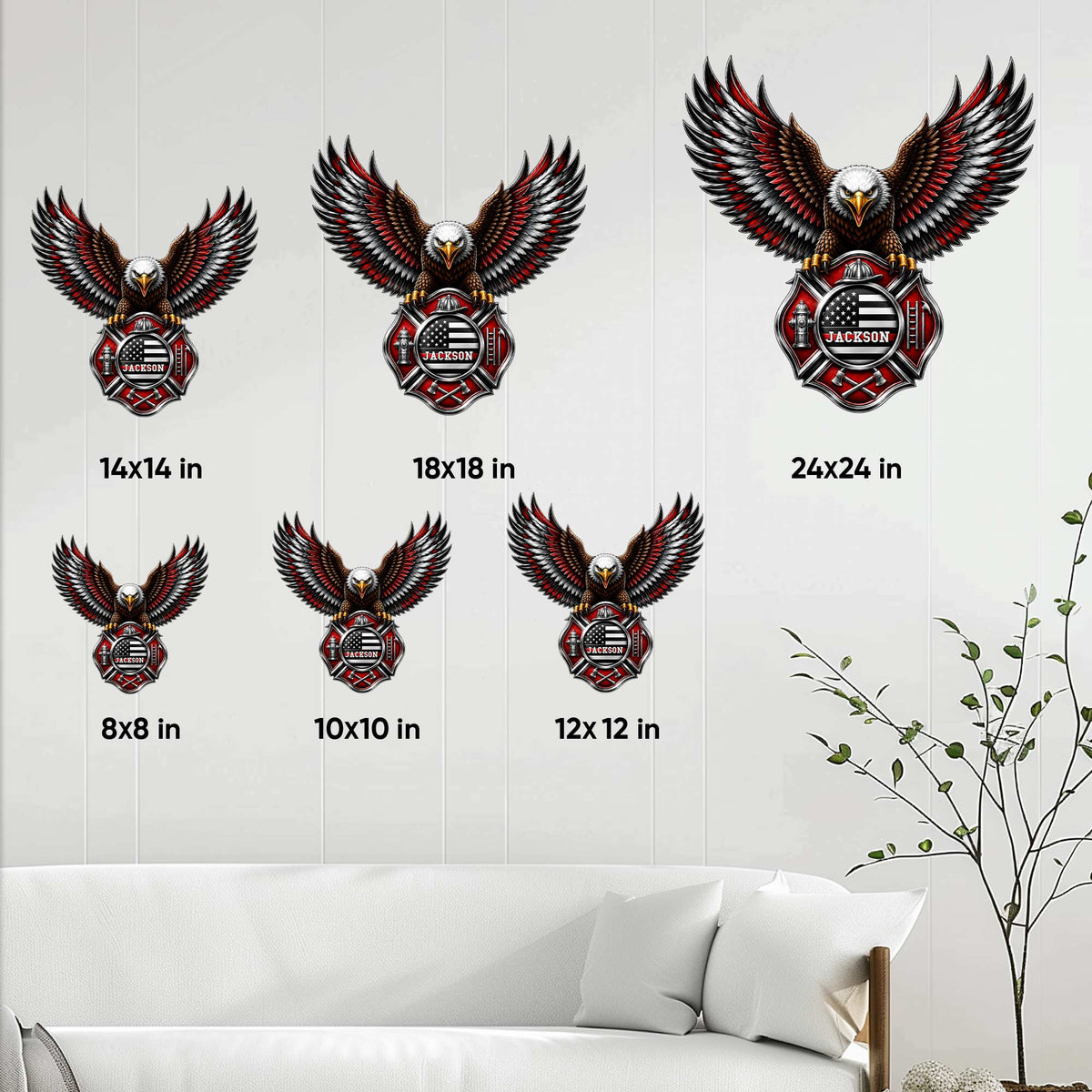 Firefighter metal sign size guide showing available square sizes from 8 by 8 to 24 by 24 inches