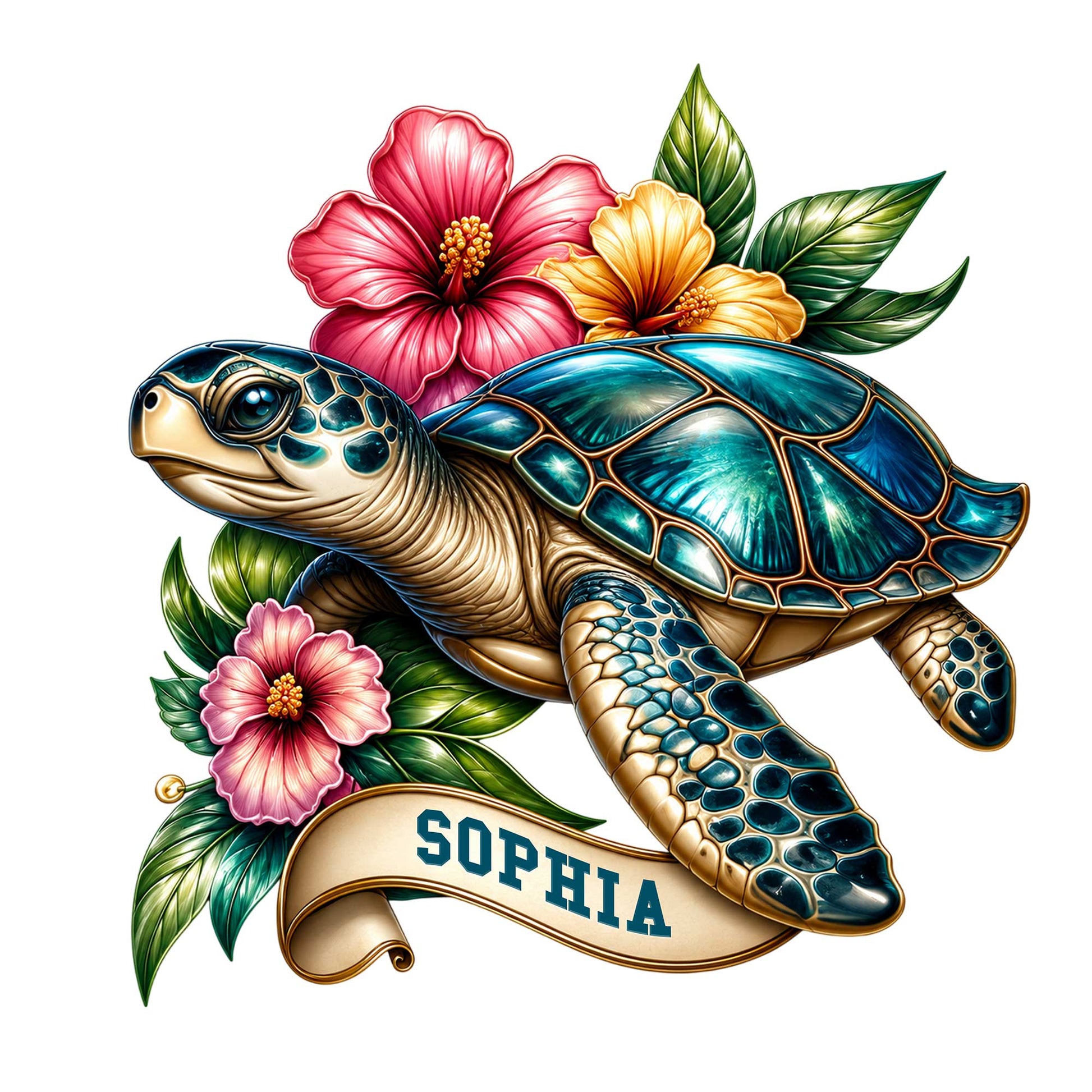 Custom sea turtle metal sign with vibrant hibiscus flowers, tropical leaves, and a detailed blue-green shell