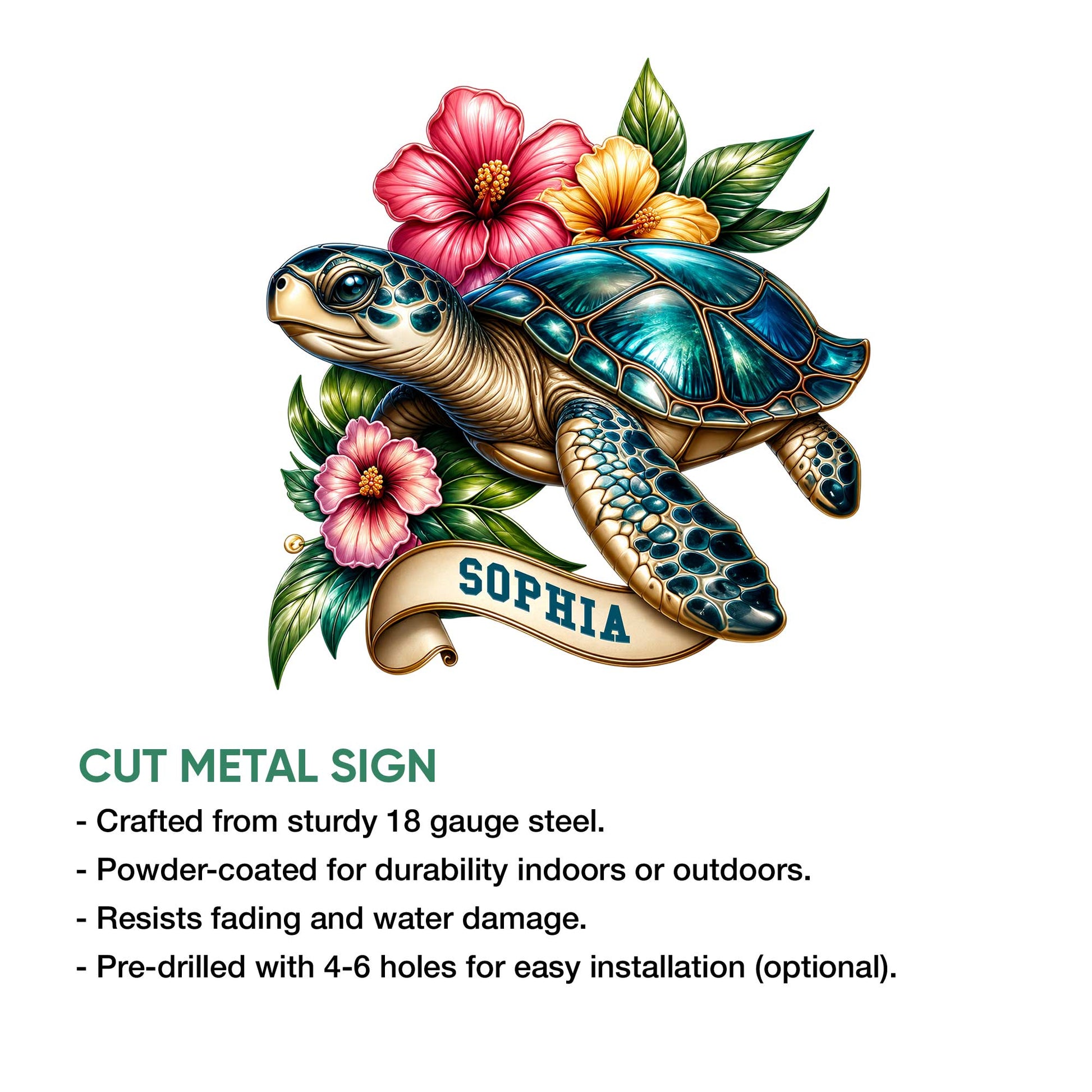 Sea turtle metal sign artwork shown above a cut metal sign feature and product benefit infographic
