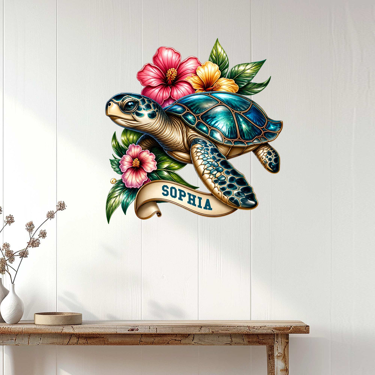 Tropical sea turtle wall sign displayed on a light paneled wall above a console table