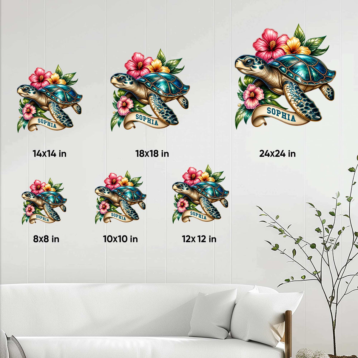 Sea turtle metal sign size guide showing 8, 10, 12, 14, 18, and 24 inch options