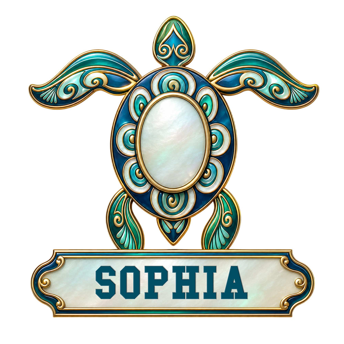 Ornate turquoise and gold turtle metal sign with a decorative shell and framed custom display