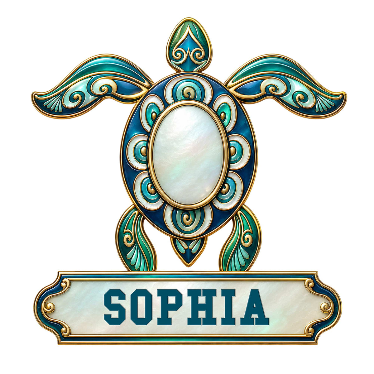 Ornate turquoise and gold turtle metal sign with a decorative shell and framed custom display