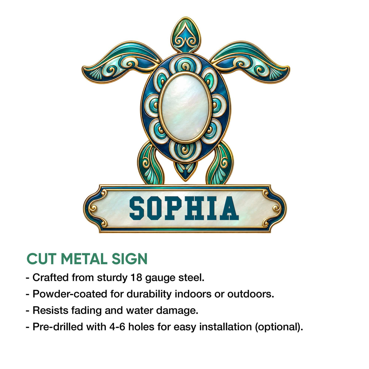 Decorative turtle metal sign shown with cut-metal design features and indoor or outdoor display information