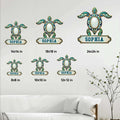 Turtle metal sign size guide showing six available square size options in a home decor setting