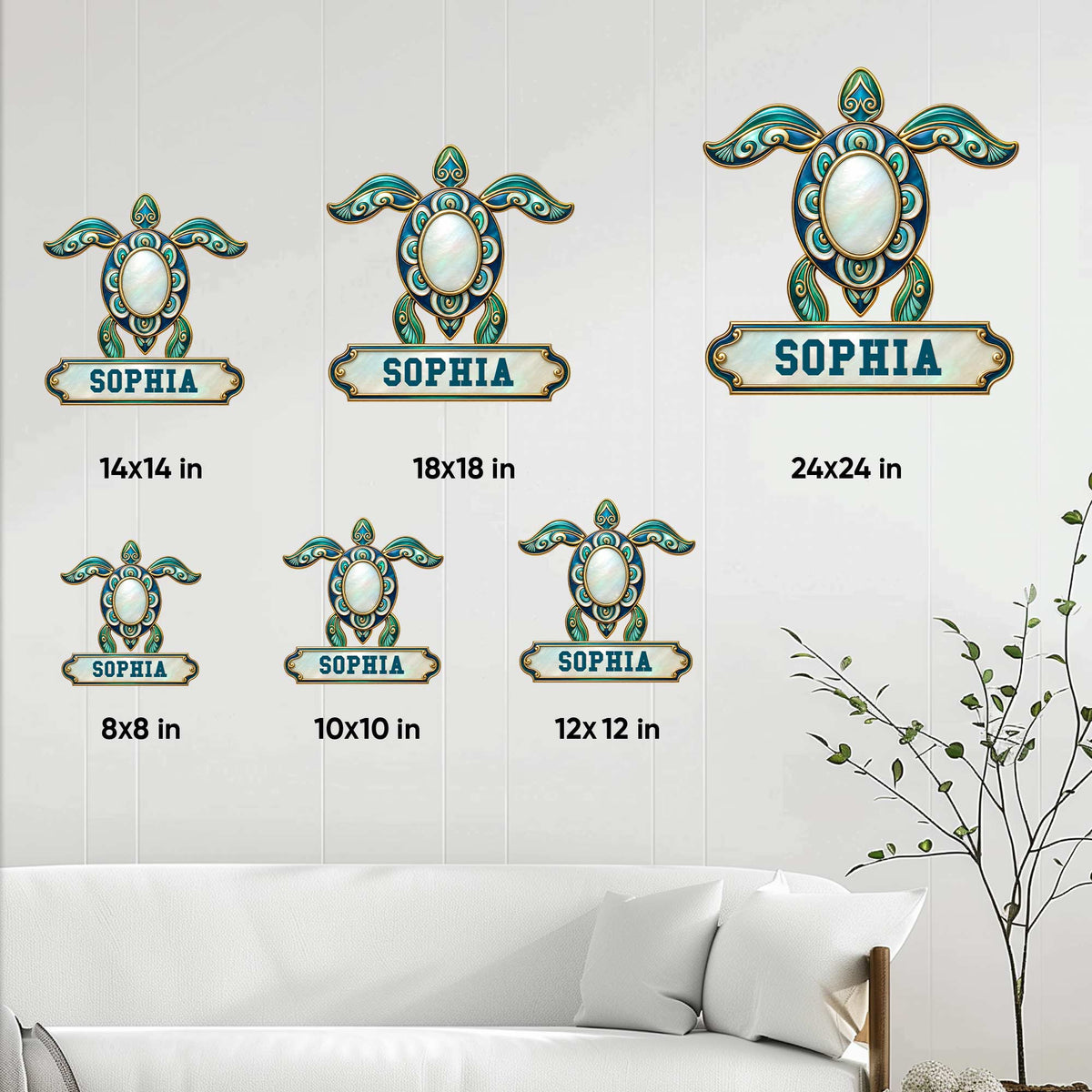 Turtle metal sign size guide showing six available square size options in a home decor setting