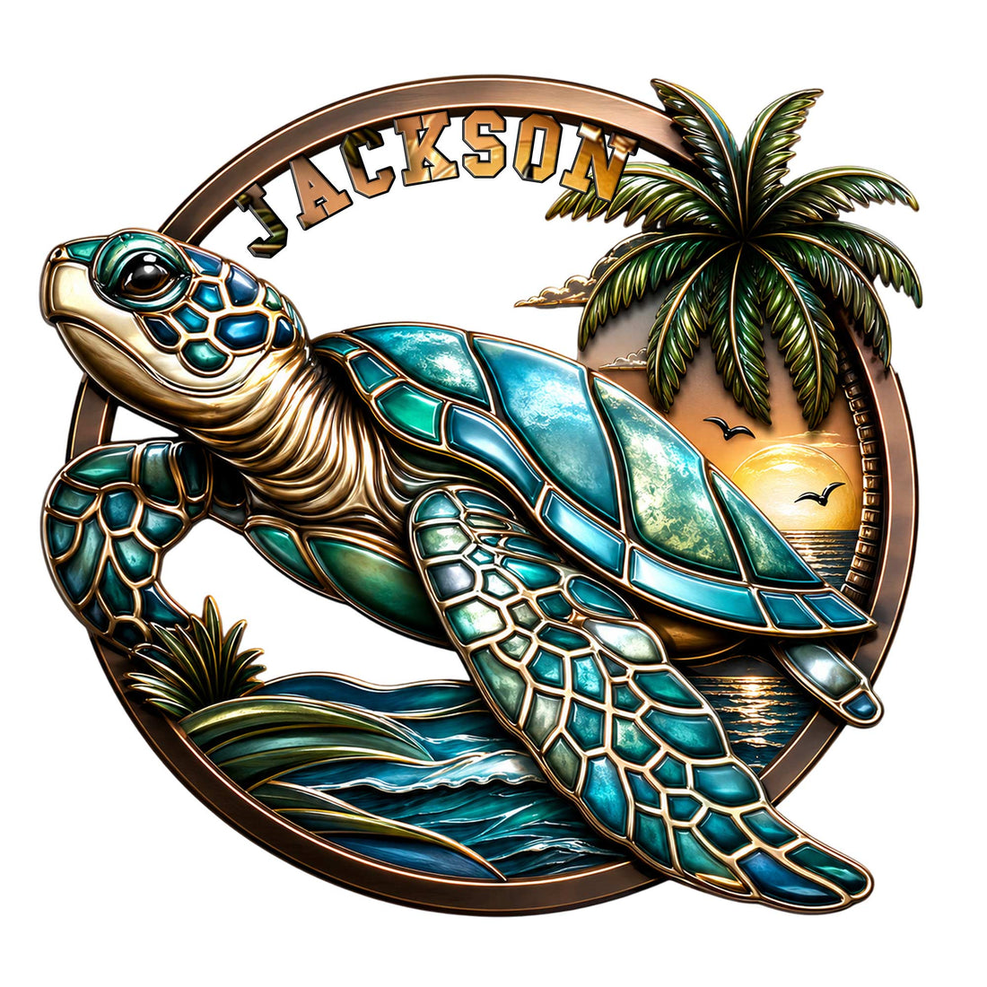 Colorful sea turtle metal sign with tropical palms, ocean waves, and a glowing sunset scene