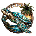Colorful sea turtle metal sign with tropical palms, ocean waves, and a glowing sunset scene