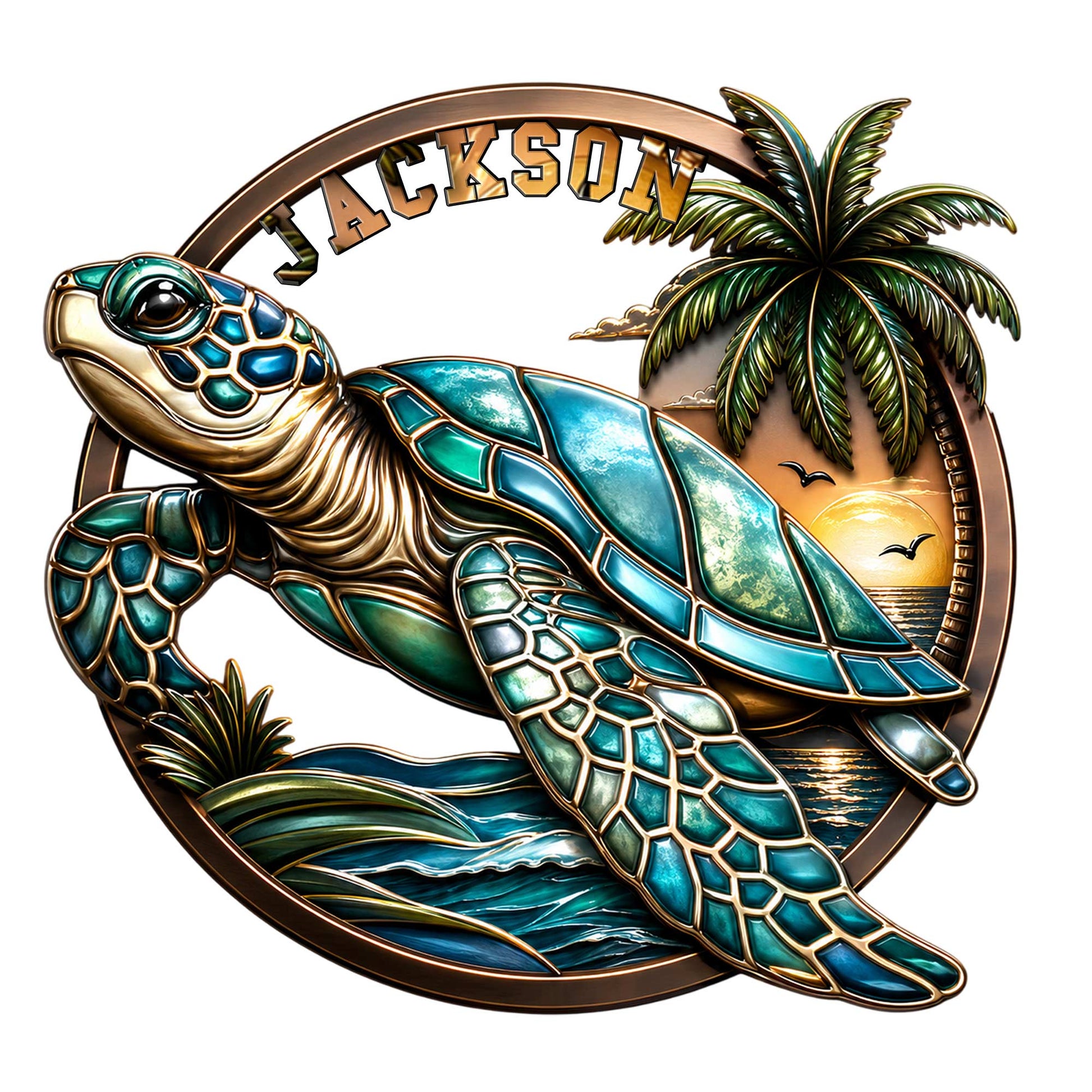 Colorful sea turtle metal sign with tropical palms, ocean waves, and a glowing sunset scene