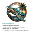 Sea turtle cut metal sign shown with a tropical ocean design and decorative wall art styling