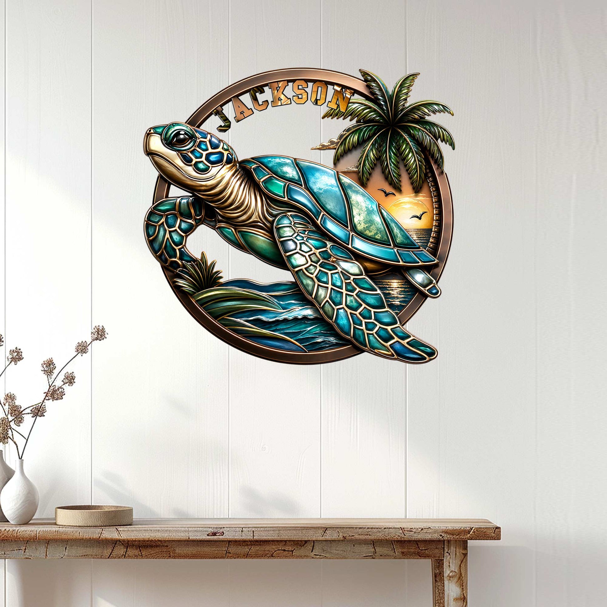 Sea turtle wall decor displayed above a console table in a bright coastal home