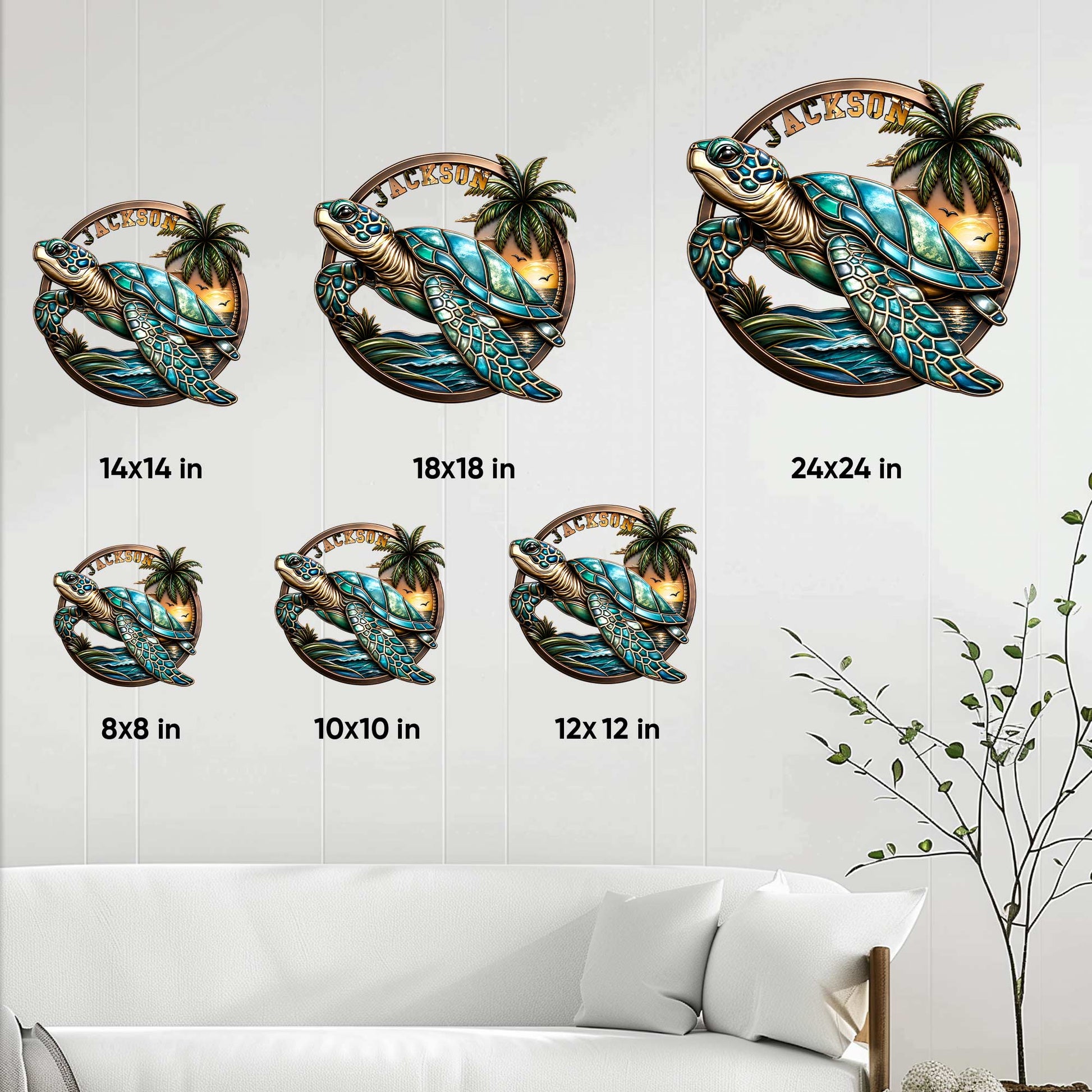 Sea turtle metal sign size guide showing available square dimensions from 8 by 8 to 24 by 24 inches